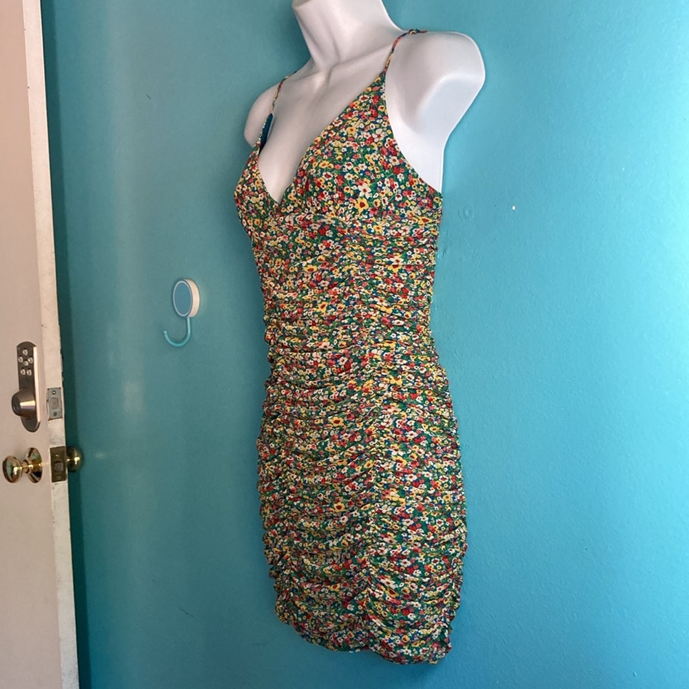 Urban Outfitters Size S Ruched Lined Strappy Mini Bodycon Yellow & Green Floral